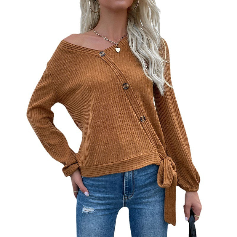 Damen Gerippte Wickel-Strickjacke mit V-Ausschnitt und seitlichem Knotendetail Echoarchiv