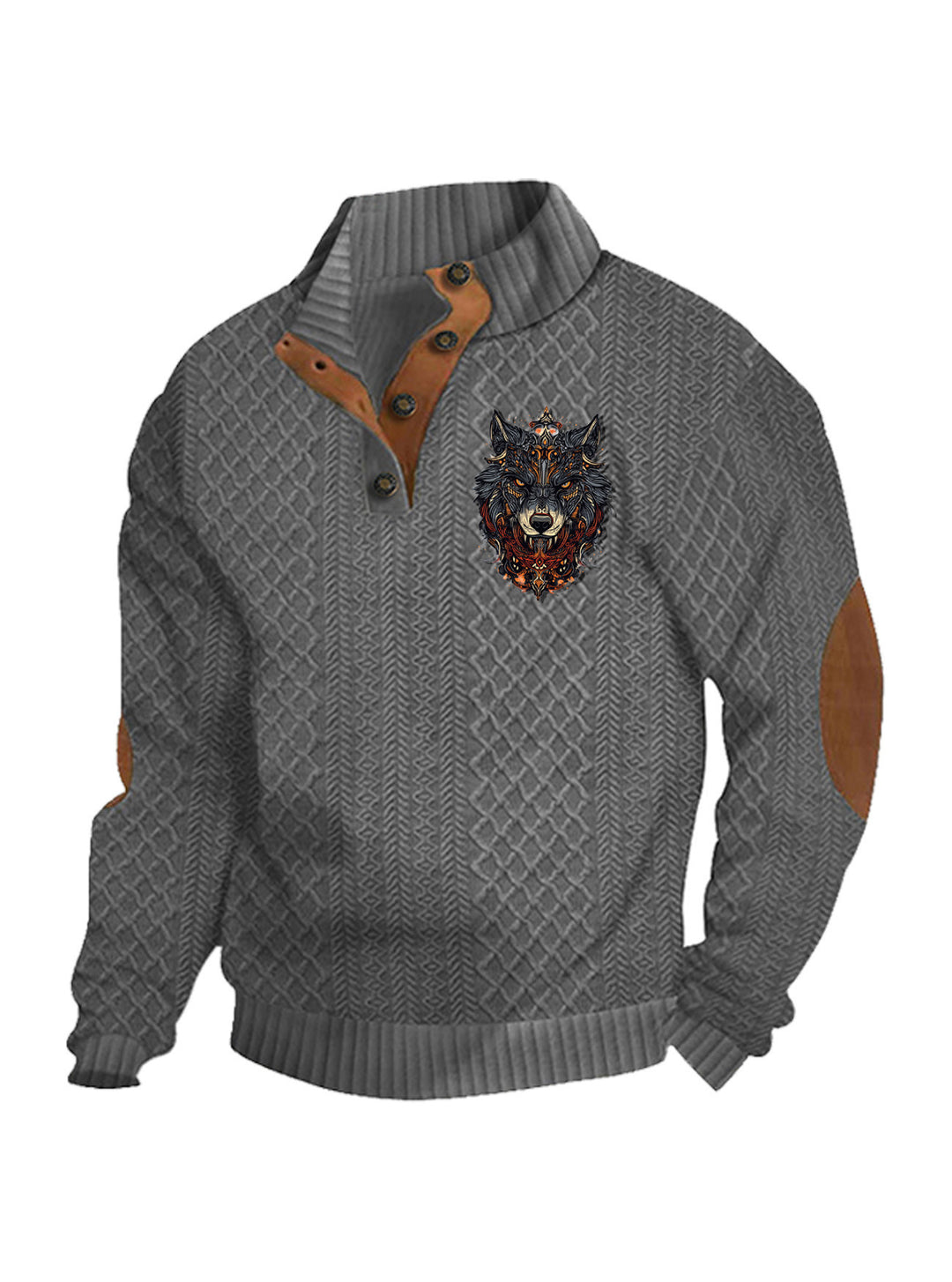 Herren nan Heritage-Strukturpullover mit Stehkragen Lederimitat-Besatz Ellenbogen-Patches und Halbknopfleiste Echo Archiv