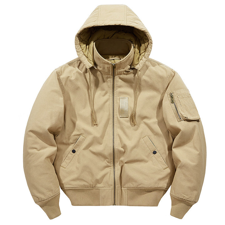 Herren Canvas-Field-Bomberjacke mit Kapuze, Utility-Ärmeltasche und geripptem Saum – Brevano