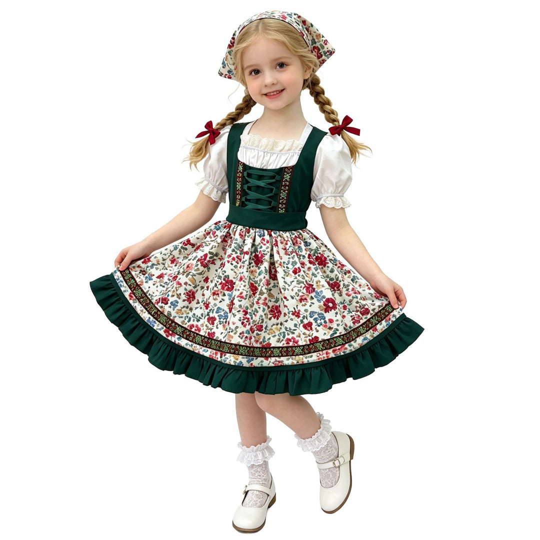 Damen nan traditionelles Kinderdirndl mit Schürze Haarband Spitzenbluse und Zierschnürung Echo Archiv