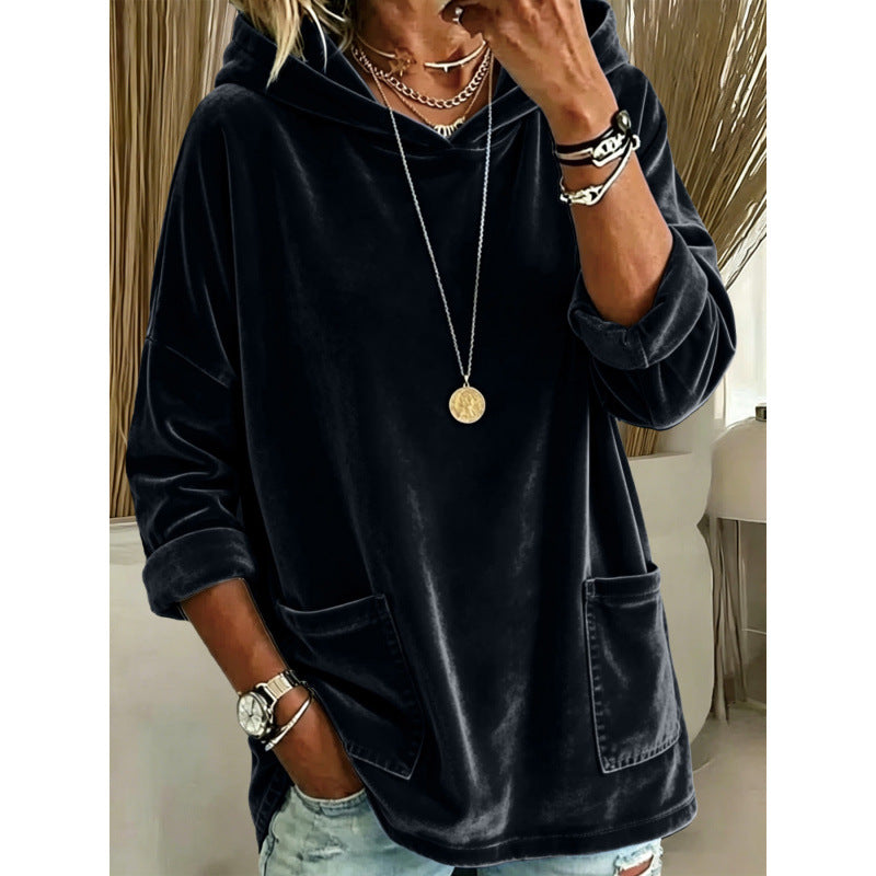 Damen Samt-Hoodie mit Kapuze, Oversize-Schnitt und aufgesetzten Taschen – Auréline