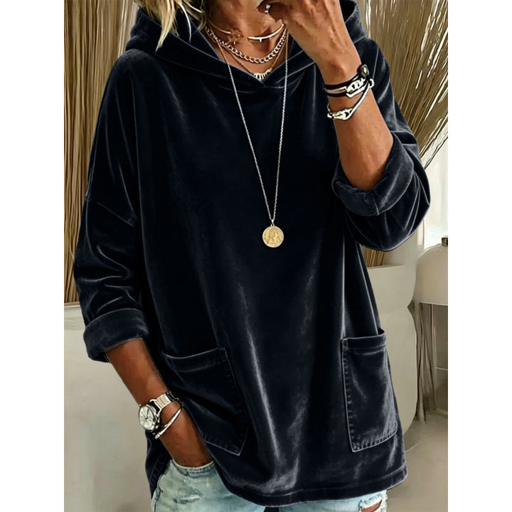 Damen Samt-Hoodie mit Kapuze, Oversize-Schnitt und aufgesetzten Taschen – Auréline