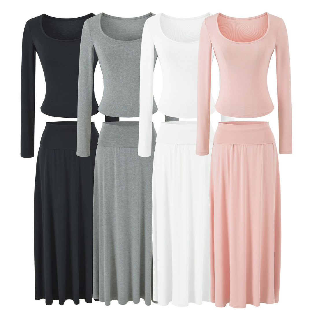 Damen Zweiteiliges Lounge-Set aus Stretch-Modal mit figurbetontem Langarm-Top und Maxirock Echoarchiv