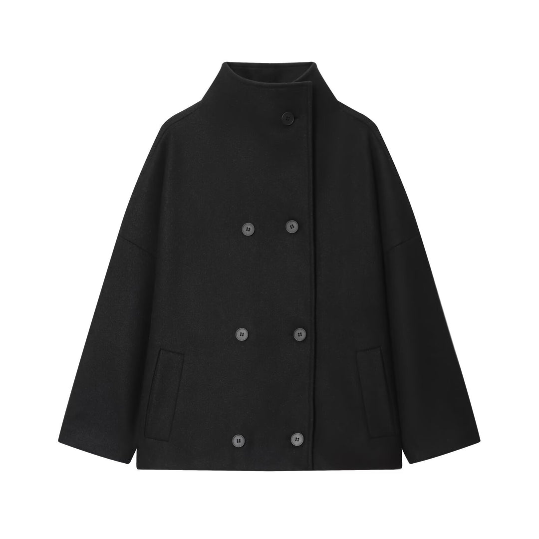 Damen Kurzes Cape-Mantel aus Wollmix mit hohem Stehkragen und doppelreihiger Knopfleiste Echoarchiv