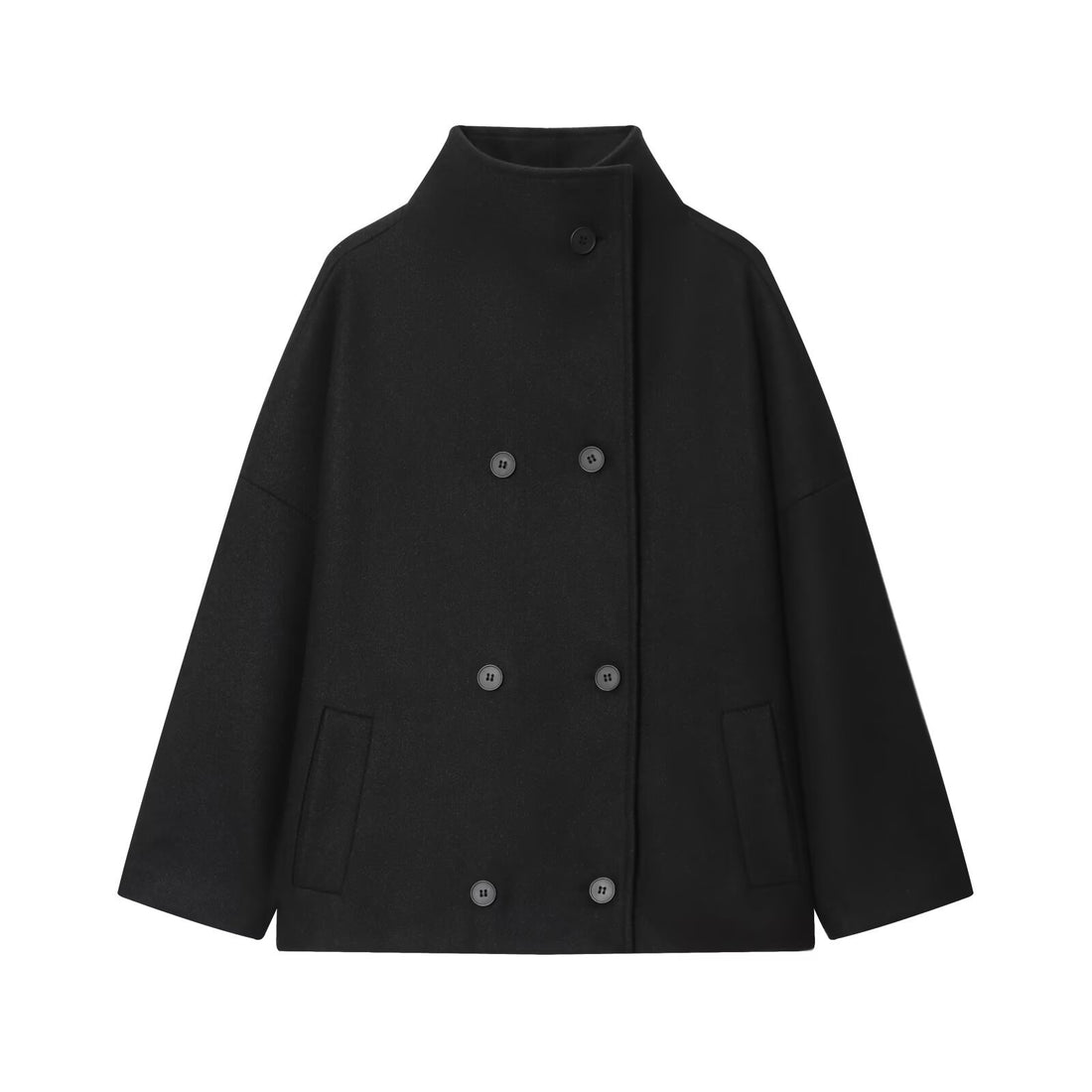 Damen Kurzes Cape-Mantel aus Wollmix mit hohem Stehkragen und doppelreihiger Knopfleiste Echoarchiv