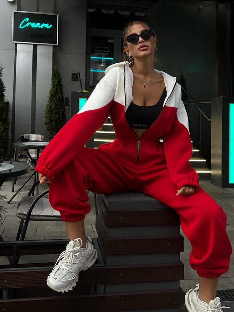 Damen nan zweiteiliges Crop-Zip-Hoodie und Highwaist Relaxhose mit weitem Bein Echo Archiv