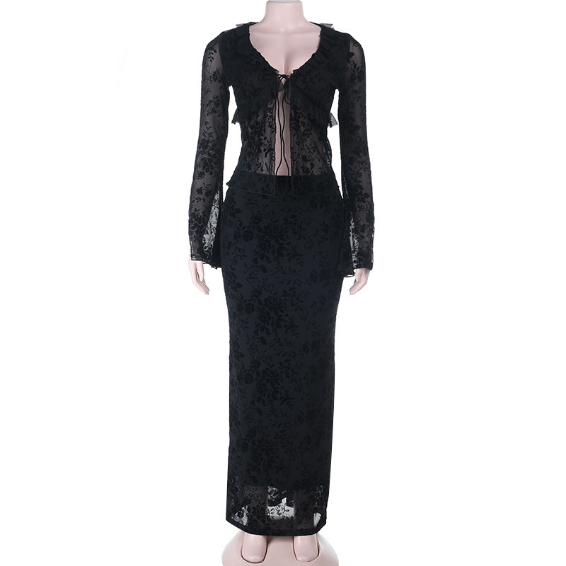 Damen Langarm Spitzenkleid mit Rüschendetails Echo Archiv
