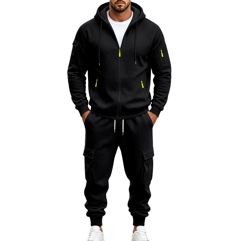 Herren Funktionales Cargo-Sweatset mit Kapuzenjacke und Mehrfachtaschen-Jogger – Cavarno