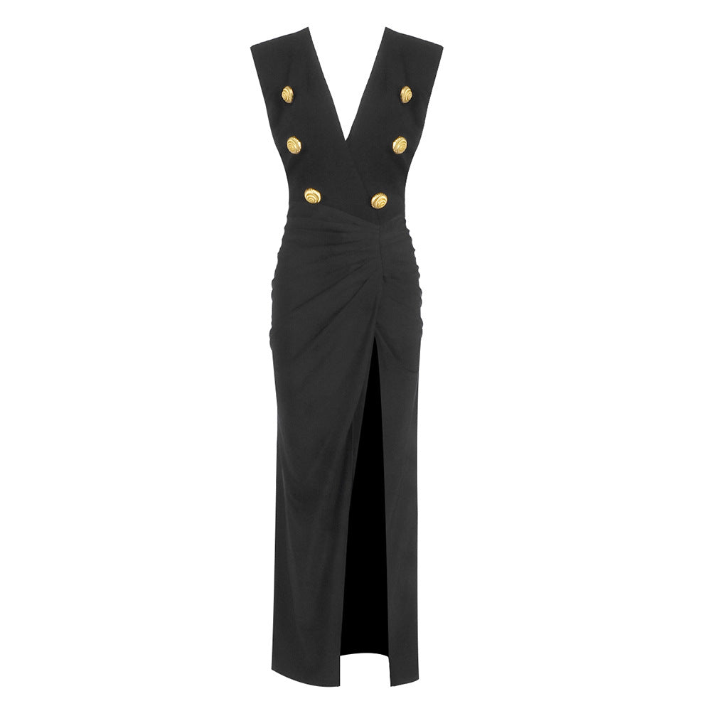 Damen Elegantes langes Kleid mit tiefem V-Ausschnitt und drapiertem Rock Echo Archiv