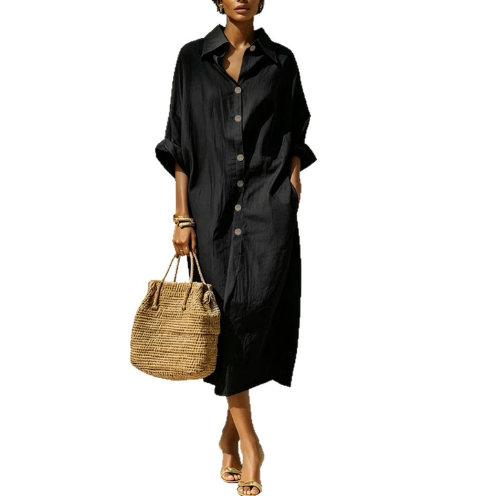 Damen Langes Oversize-Hemdblusenkleid mit Kentkragen und durchgehender Knopfleiste – Valéora