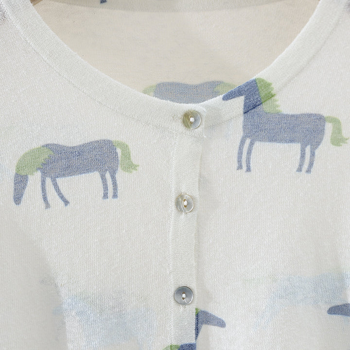 Damen Fein gestrickter Knopfcardigan mit Pferde-Print und Rundhalsausschnitt Echo Archiv