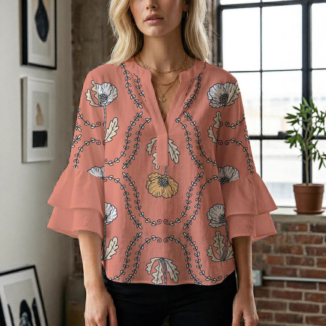 Damen Bluse mit voluminösen Rüschenärmeln und kreativem Floraldesign Echo Archiv