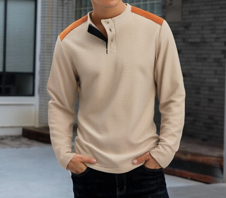 Herren strukturiertes Henley-Langarmshirt mit Stehkragen, Schulterpaspel und Waffelstruktur – Arvello