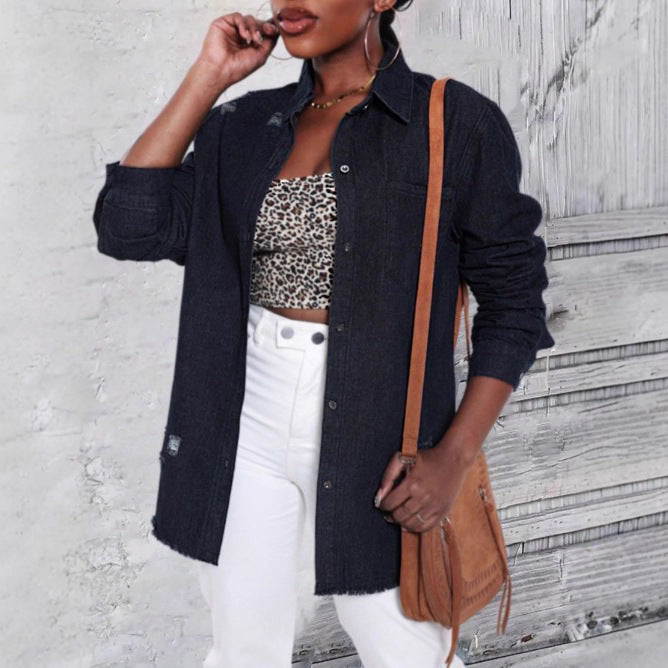 Damen Oversize-Denim-Hemdjacke mit Used-Effekten und rohem Saum Echo Archiv