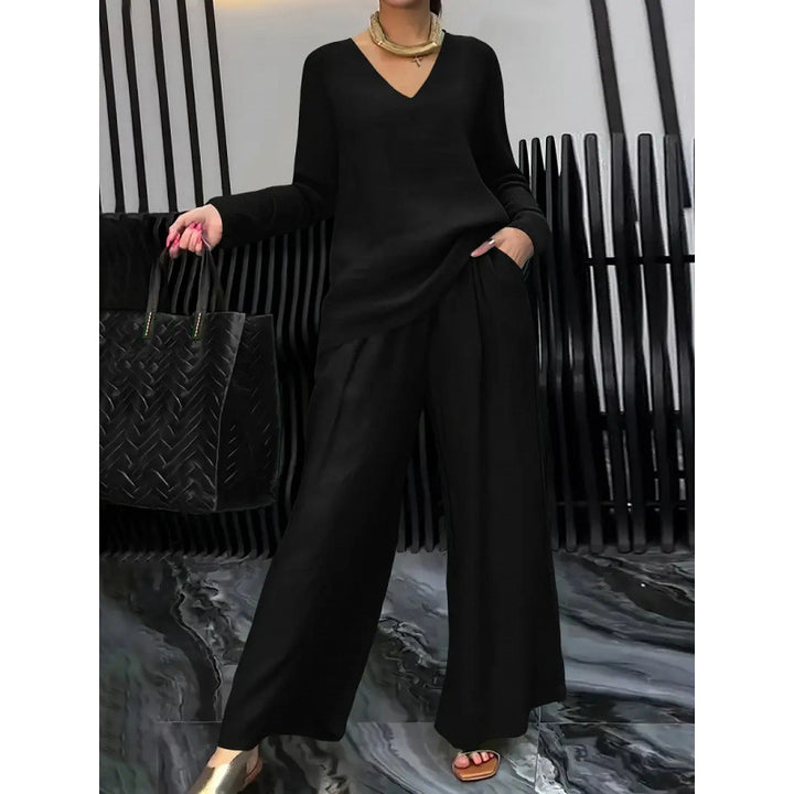 Damen Feiner V-Ausschnitt Strickpullover mit fließender Palazzo-Hose Echo Archiv