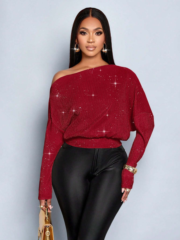 Damen Off-Shoulder Rippstrick-Pullover mit Glitzereffekt und Batwing-Ärmeln Echo Archiv