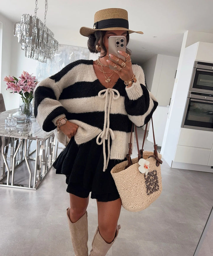 Damen lockere Strickjacke mit breiten Streifen und Bindegürtel Echoarchiv