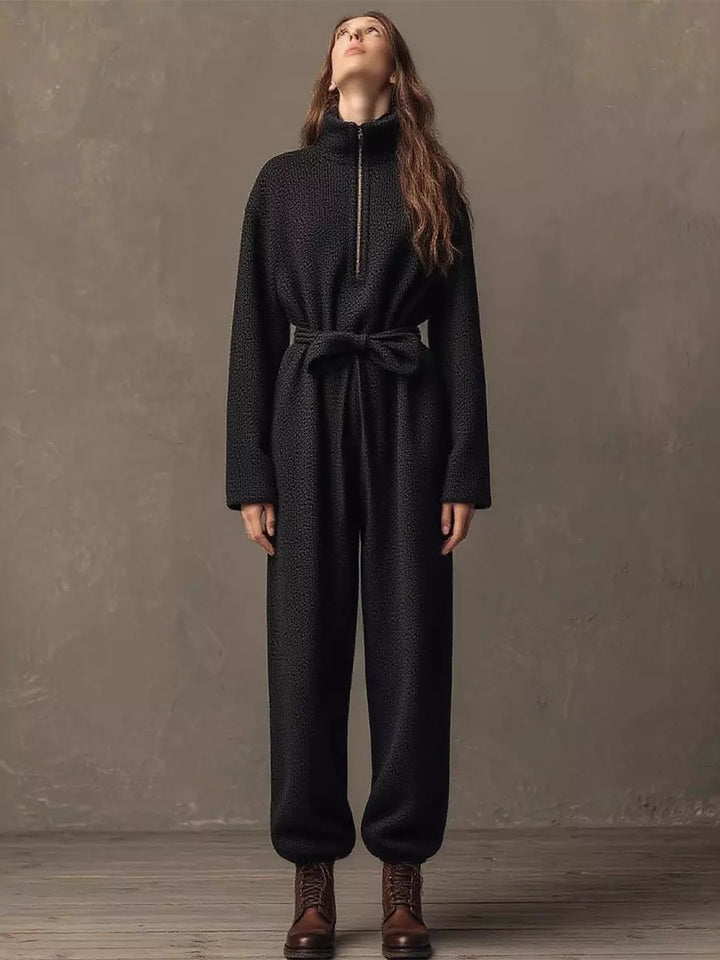 Damen Bouclé-Einteiler mit halbem Reißverschluss, Taillengürtel und weitem Bein – Solévia