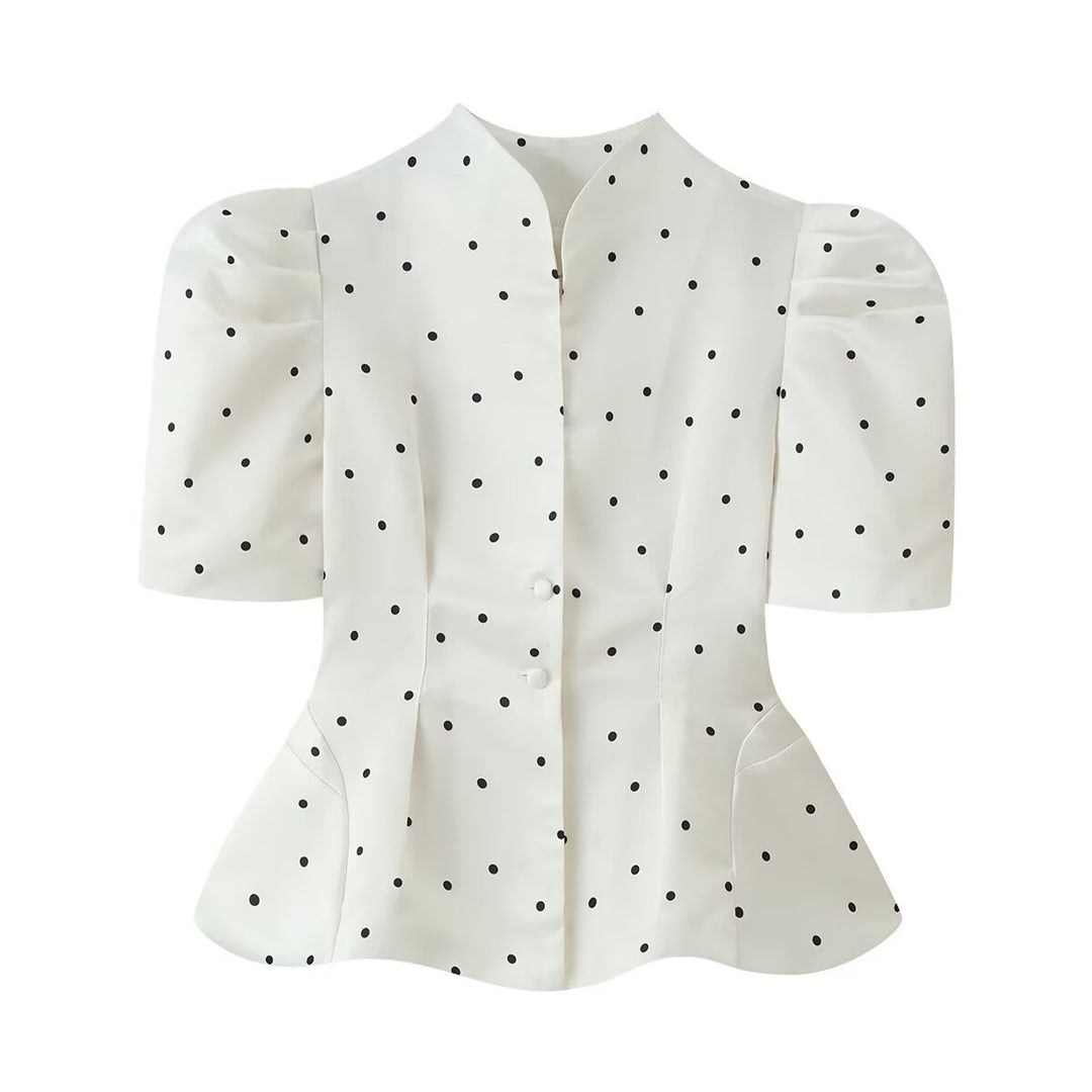 Damen Polka-Dot Bluse mit Stehkragen, Puffärmeln und tailliertem Schößchen Echo Archiv