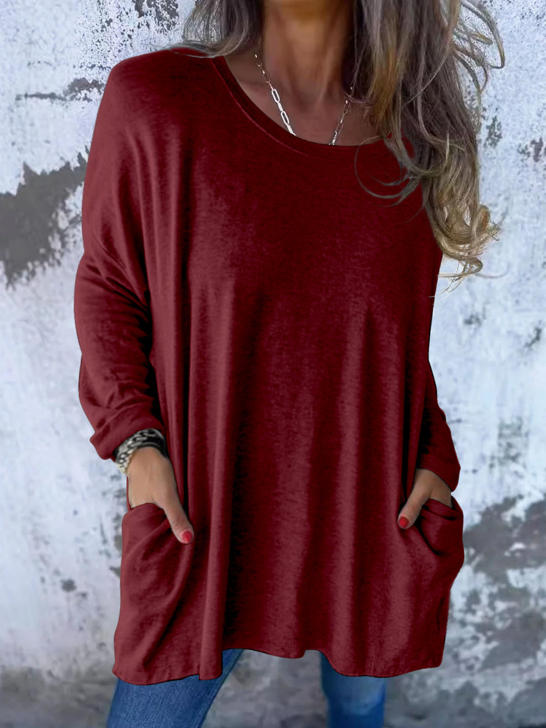 Damen Weiches Oversize Langarmshirt mit Rundhalsausschnitt, Lässigen Ärmeln und Seitentaschen – Avérine