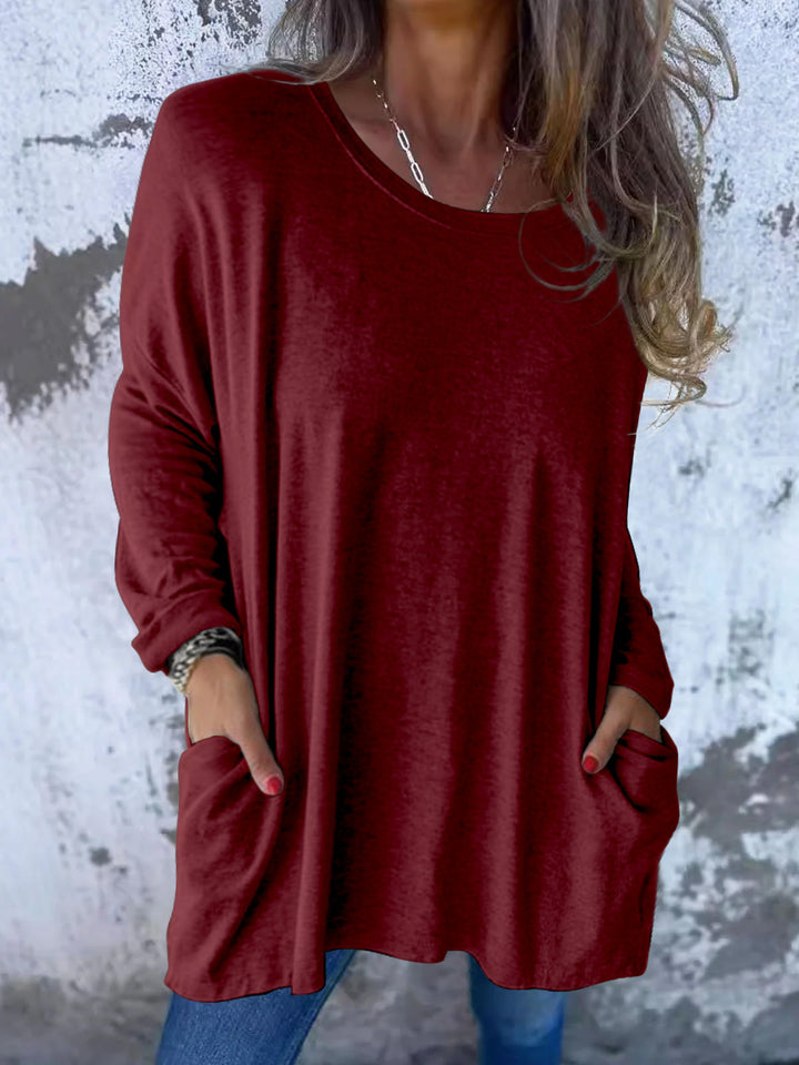 Damen Weiches Oversize Langarmshirt mit Rundhalsausschnitt, Lässigen Ärmeln und Seitentaschen – Avérine