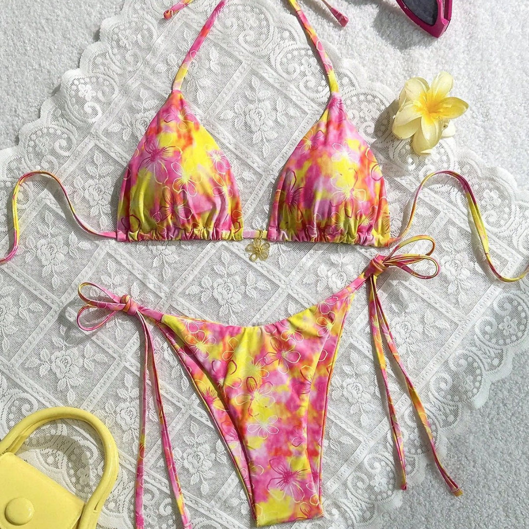 Damen Triangel-Bikini mit verstellbaren Bändern und buntem Blumenmuster Echo Archiv