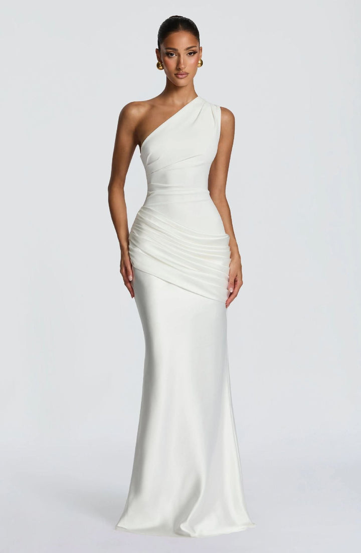 Damen Elegantes One-Shoulder Maxikleid mit raffinierten Drapierungsdetails – Valéora