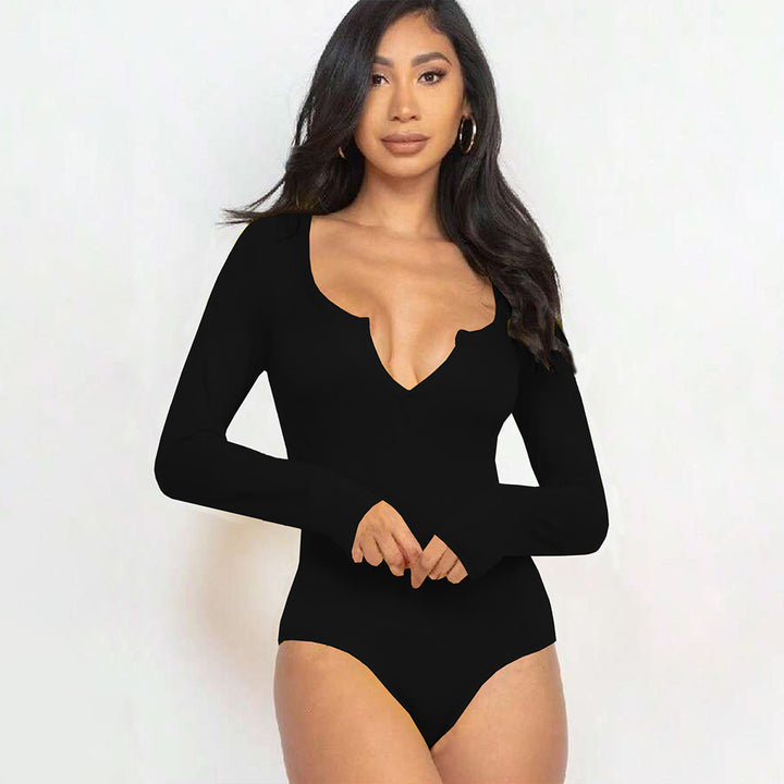 Damen figurbetontes V-Ausschnitt-Stringbody mit langen Ärmeln – Bodéline