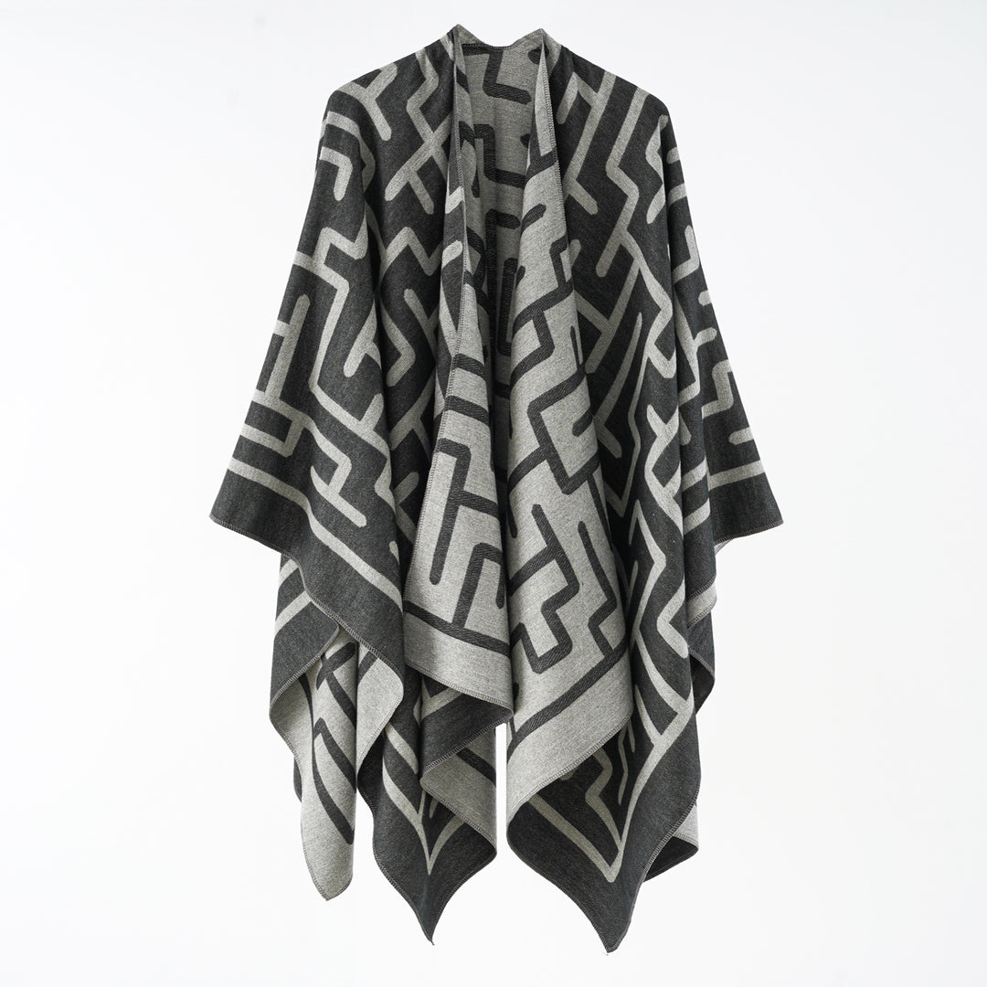 Damen Wendefreundlicher Jacquard-Capeponcho im Oversize mit grafischem Allovermuster Echo Archiv
