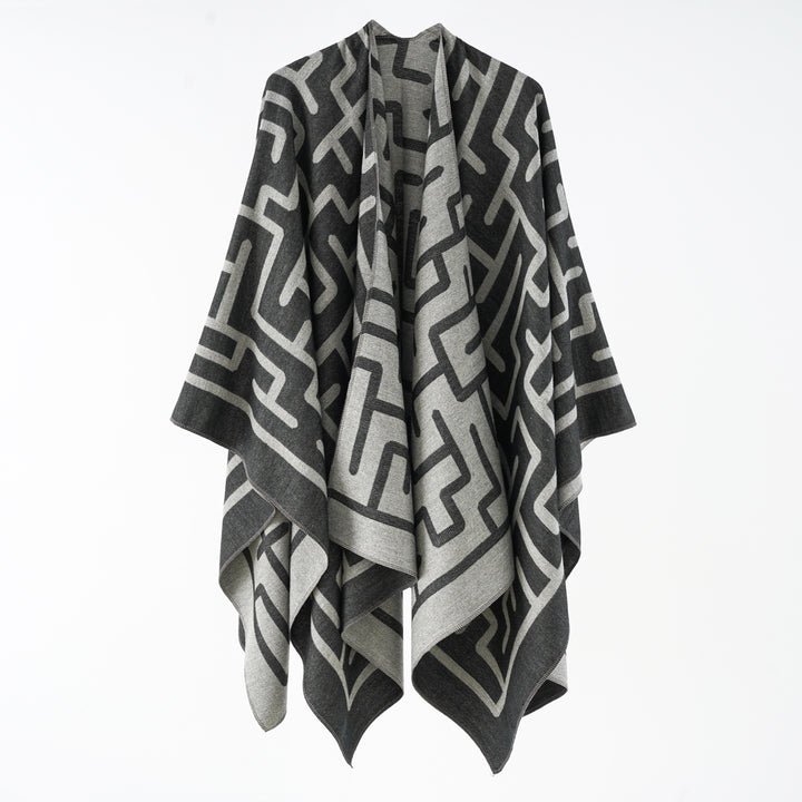 Damen Wendefreundlicher Jacquard-Capeponcho im Oversize mit grafischem Allovermuster Echo Archiv