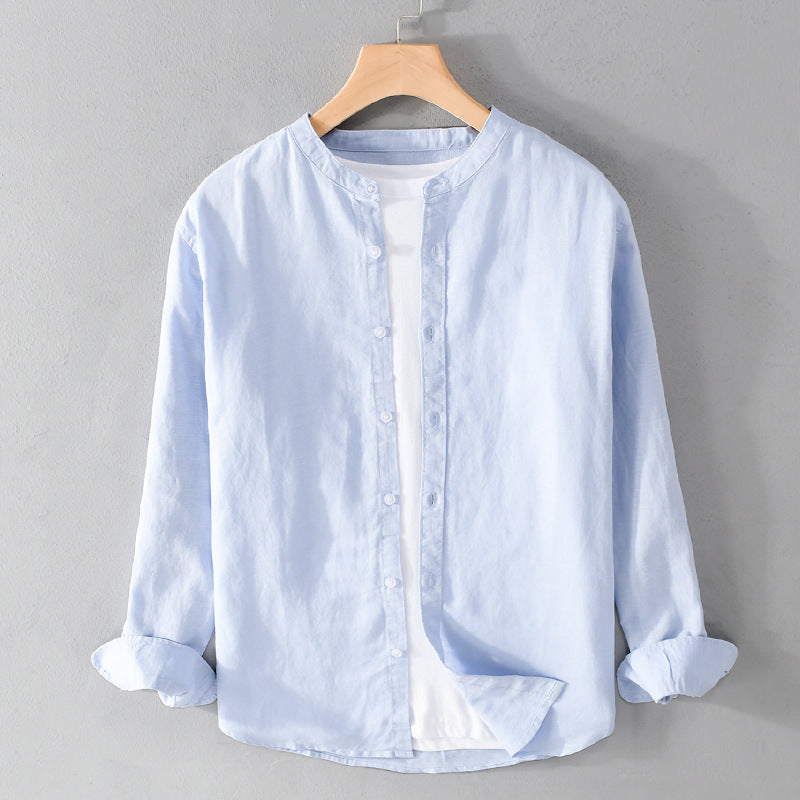 Herren Leichtes Leinenmix-Stehkragenhemd im Relaxed-Fit mit durchgehender Knopfleiste Echoarchiv