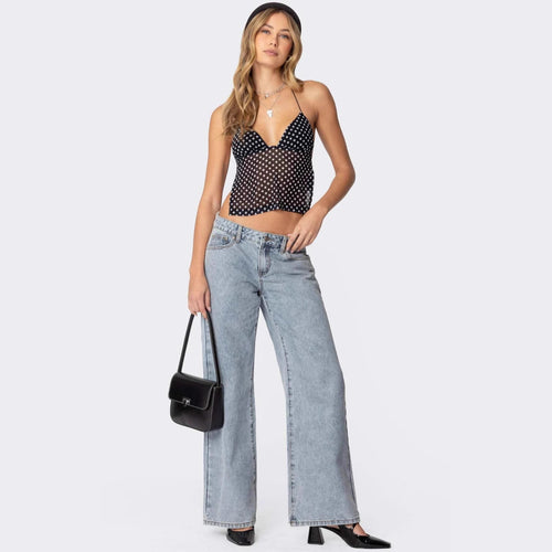 Damen Transparente Bluse mit Punktmuster und dehnten Trägern Echo Archiv