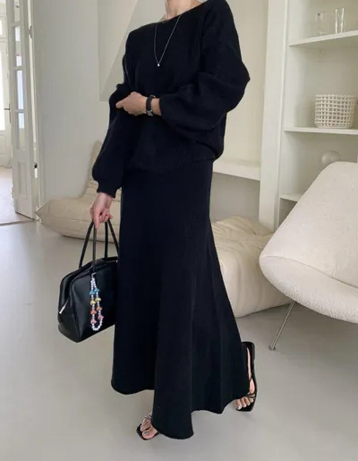 Damen Strick-Set aus Oversize-Ripp-Pullover und fließendem Maxirock Echoarchiv