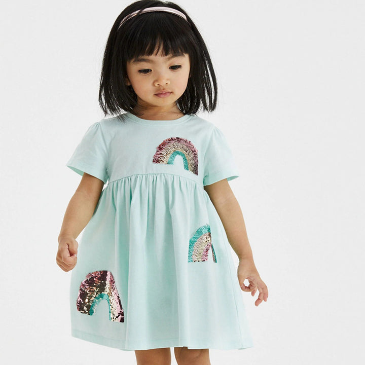Mädchen Kurzarm-T-Shirt Kleid mit buntem Glitzer-Regenbogen Design Echo Archiv