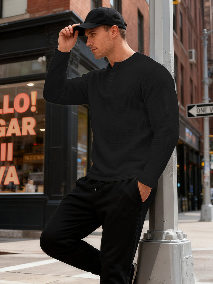 Herren nan strukturiertes Henley-Langarmshirt aus Waffelstrick mit Stehkragen und schmaler Silhouette Echo Archiv