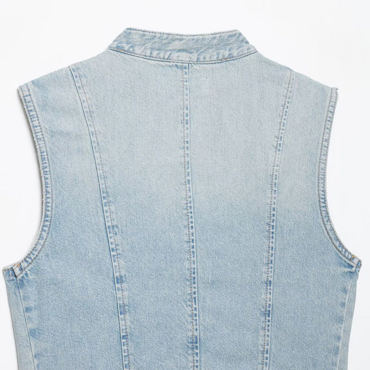 Damen Jeansweste im Military-Look mit Stehkragen und dekorativer Druckknopfleiste Echoarchiv