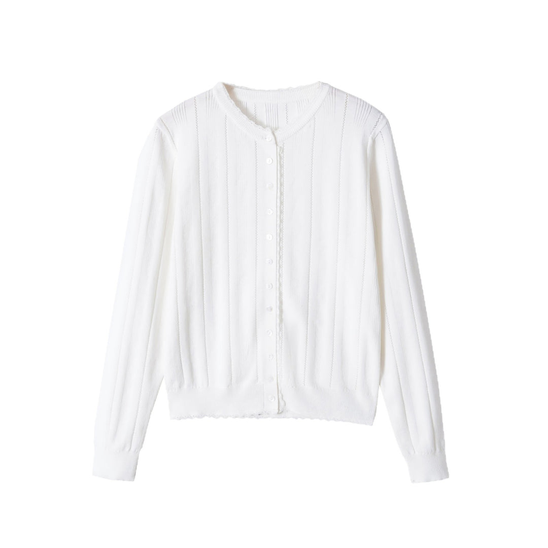 Damen Cropped Feinstrick-Cardigan mit Lochstreifen, Rundhals und Zierknopfleiste Echoarchiv