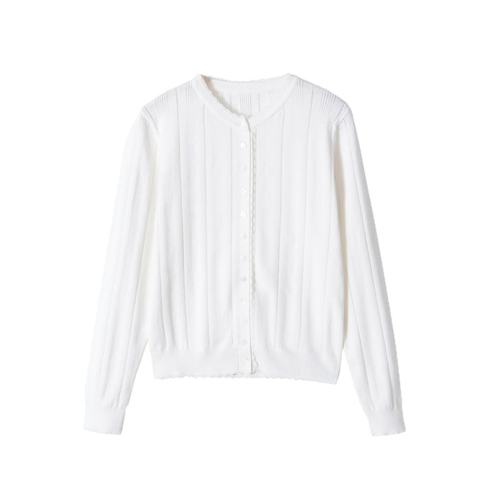 Damen Cropped Feinstrick-Cardigan mit Lochstreifen, Rundhals und Zierknopfleiste Echoarchiv