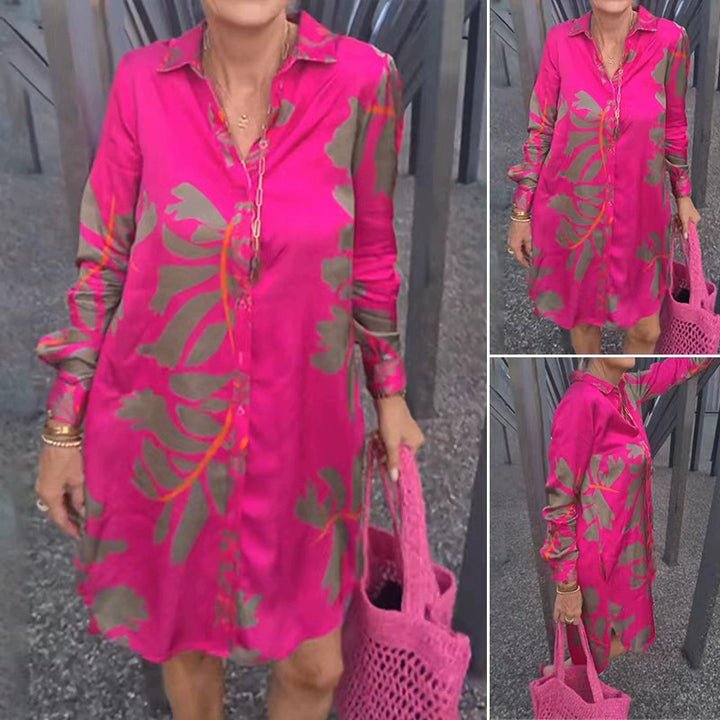 Damen nan kurzes Tunika-Hemdkleid in Satinoptik mit großflächigem Blattprint, Hemdkragen und lockerer A-Linie Echo Archiv
