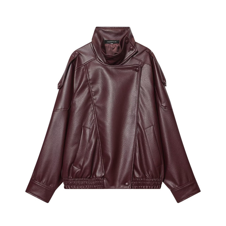 Damen Kurz geschnittene Kunstleder-Fliegerjacke mit hohem Stehkragen und Schulterriegeln Echoarchiv