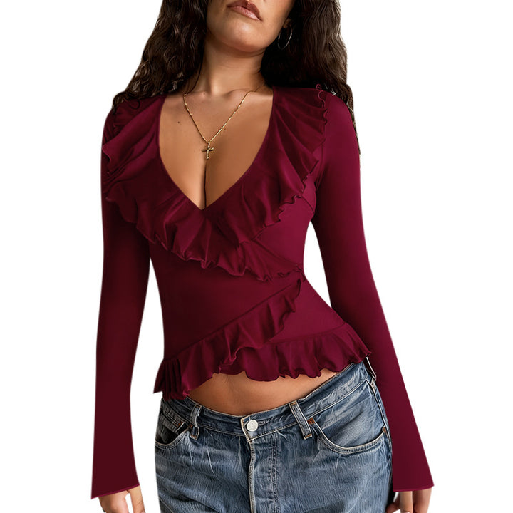 Damen Langarmshirt mit tiefem V-Ausschnitt, asymmetrischen Volants und tailliertem Peplum – Avérine