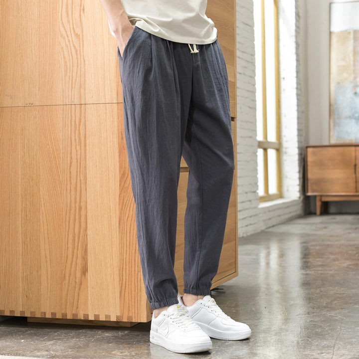Herren Relaxed-Fit Leinenmix Jogginghose mit Bundfalten, Kordelzug und elastischen Beinabschlüssen Echo Archiv