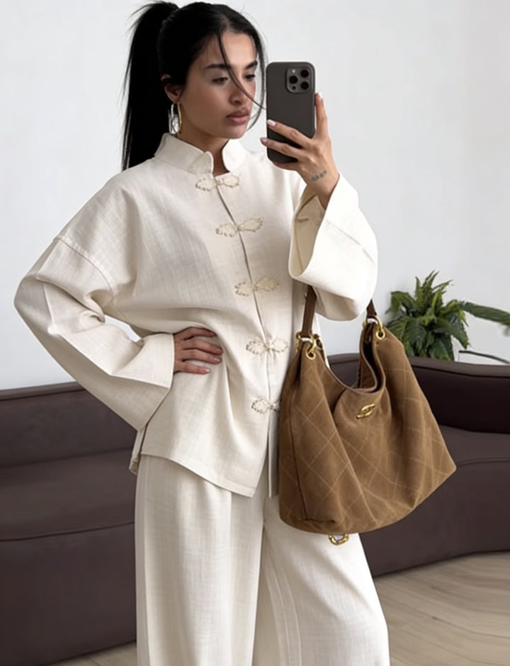 Damen Oversized Mandarinjacke mit Knotenverschlüssen und weitem Arm Echo Archiv