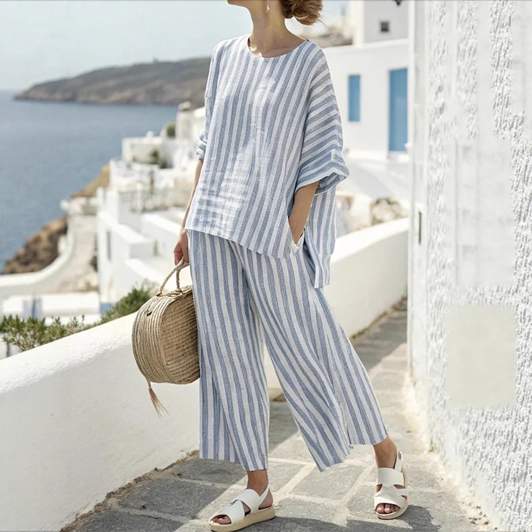 Damen Zweiteiliges gestreiftes Leinen‑Optik Lounge‑Set mit Oversize‑Bluse und High‑Waist Palazzo – Élanora