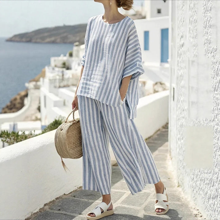 Damen Zweiteiliges gestreiftes Leinen‑Optik Lounge‑Set mit Oversize‑Bluse und High‑Waist Palazzo – Élanora