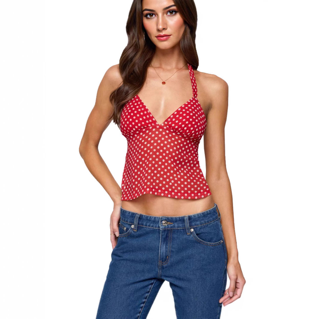 Damen luftiges Polka-Dots Oberteil mit tiefem V-Ausschnitt und Trägern Echo Archiv