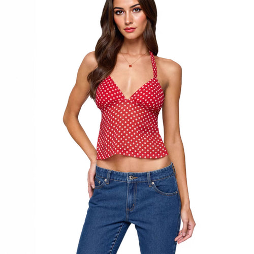 Damen luftiges Polka-Dots Oberteil mit tiefem V-Ausschnitt und Trägern Echo Archiv