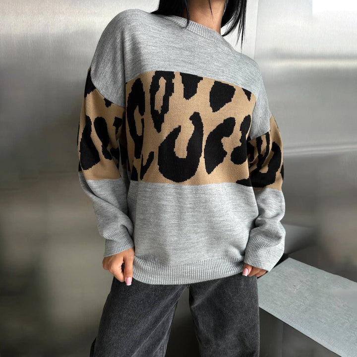 Damen Oversized Strickpullover mit Leoparden-Bahnen, überschnittener Schulter und geripptem Saum – Mavelle