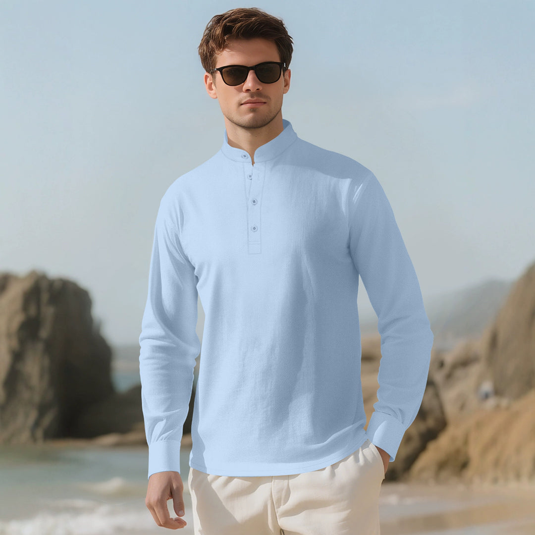Herren nan Nehru-Kragen-Henley aus Baumwollstretch mit verdeckter Knopfleiste und schmaler Passform Echo Archiv