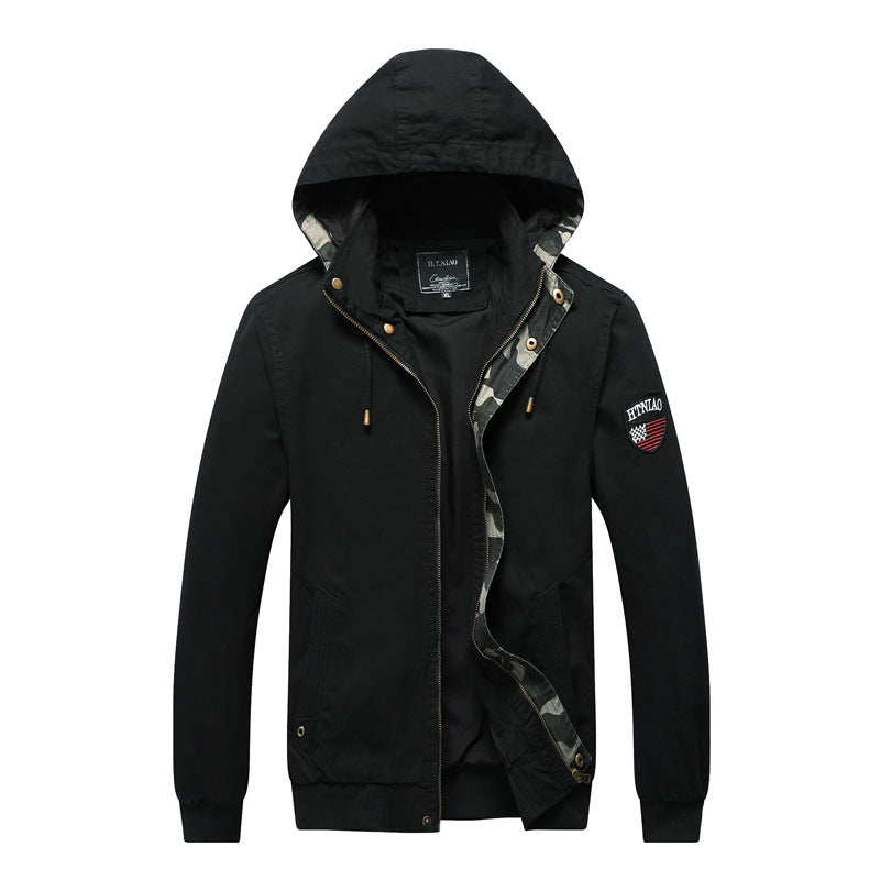 Herren Kapuzen-Canvasjacke im Military-Utility-Stil mit Camouflagemanschette und Rippbündchen Echoarchiv